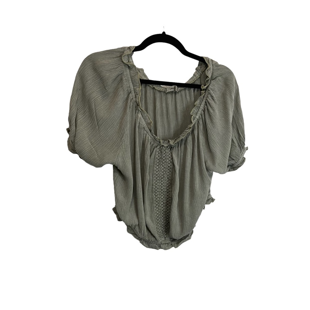 Salty Lemon Green Crepe Gauze Short Sleeve Crop Top Blouse Boho Womens Size L